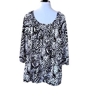 Elementz Womens Top 3X Stretch 3/4 Sleeves Black White Tunic Scoop Neck Grandma